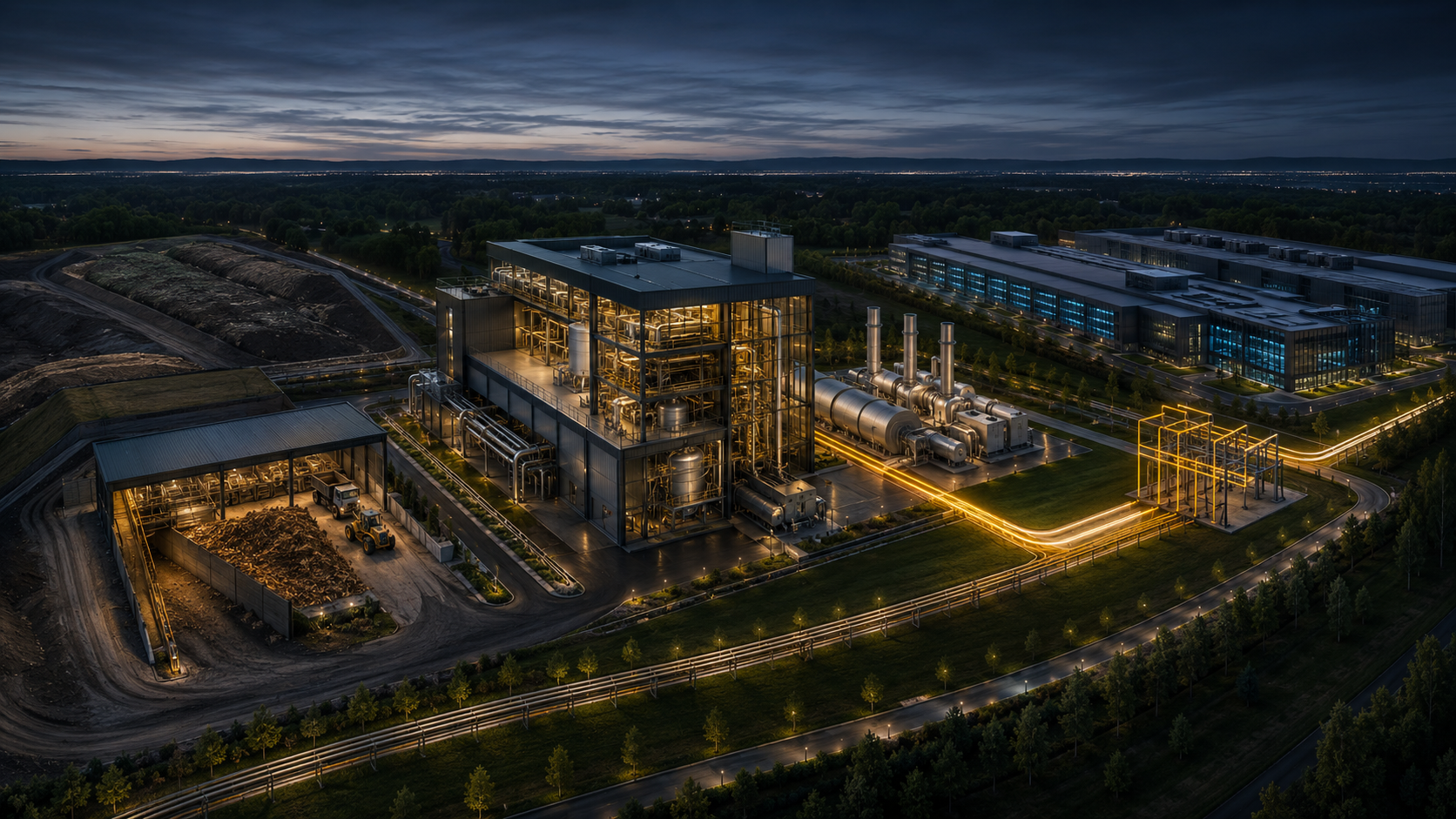 Landfill feedstock converted through TMR into private-wire power for a data center campus