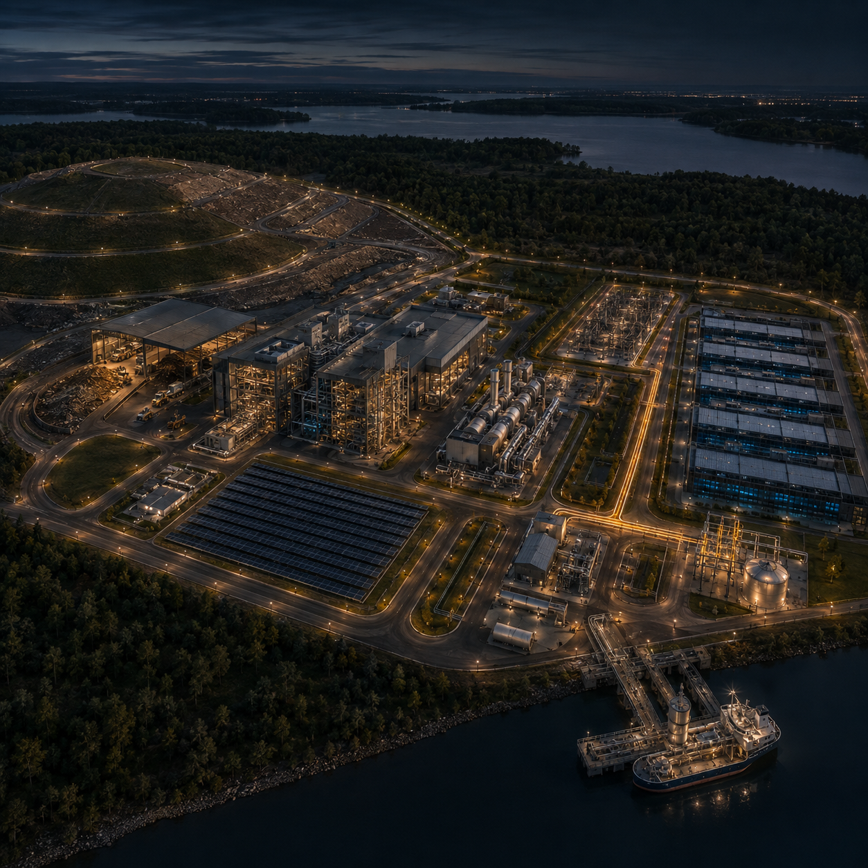 Integrated landfill, TMR, power generation, private wire, and data center site